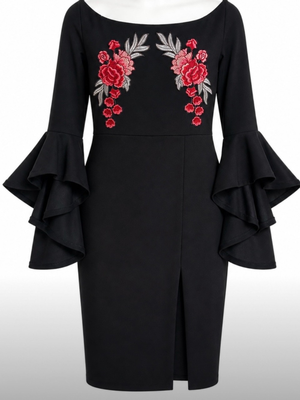 Black Embroidered Floral Tiered Ruffle Bell Sleeve Dress Dark Fairy Romantic Y2K